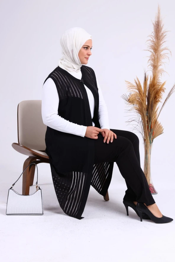 Kadin Buyuk Beden Transparan Taşlı Uzun Yelek - 6