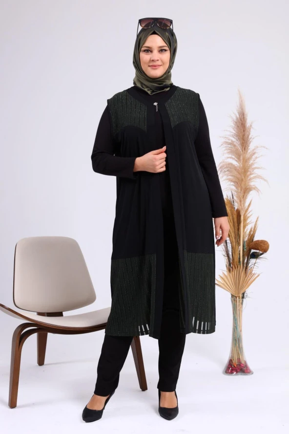 Kadin Buyuk Beden Transparan Taşlı Uzun Yelek - 7