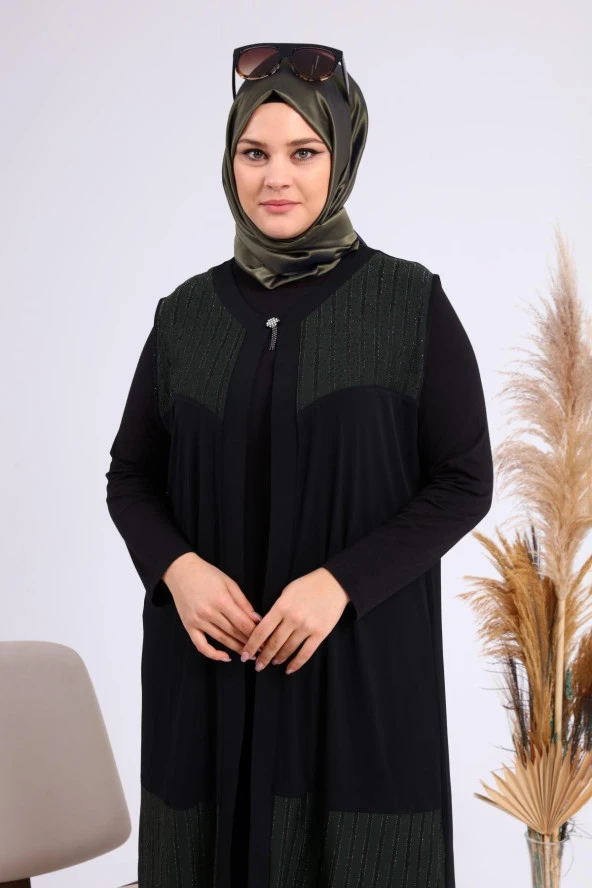 Kadin Buyuk Beden Transparan Taşlı Uzun Yelek - 9