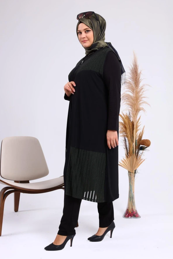 Kadin Buyuk Beden Transparan Taşlı Uzun Yelek - 10