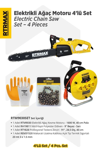 RTM9030SET Elektrikli Ağaç Kesme Motoru 4'lü Set -Eldiven-Testere Zinciri-Makaralı Uzatma Kablosu - 1