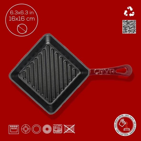 Lava Döküm Mini Kare Izgara Tava Döküm Demir Yekpare Saplı Ölçü 16x16cm. - Resim 4