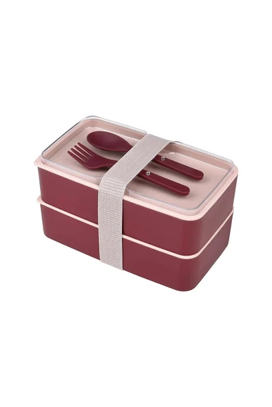 Jumbo Dikdörtgen İki Katlı Lunch Box Beslenme Saklama Kutusu - Bordo ürün görseli 1