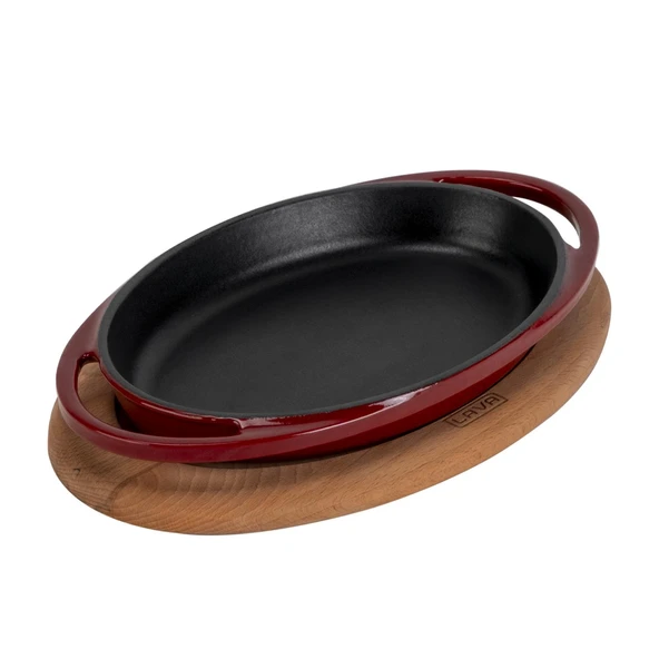 Lava Döküm Oval Sahan Döküm Demir Yekpare Çift Kulplu Kayın Servis Ahşabı Ölçü 21x14cm.-Bordo - Resim 2