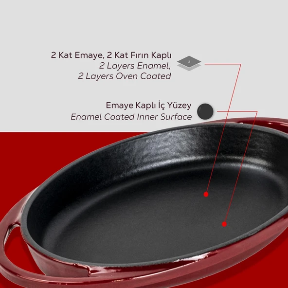 Lava Döküm Oval Sahan Döküm Demir Yekpare Çift Kulplu Ölçü 21x14cm.-Bordo - Resim 6