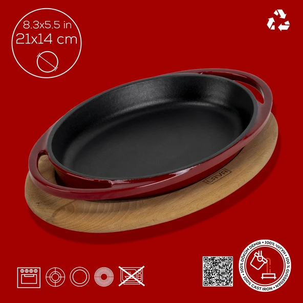Lava Döküm Oval Sahan Döküm Demir Yekpare Çift Kulplu Kayın Servis Ahşabı Ölçü 21x14cm.-Bordo - Resim 4