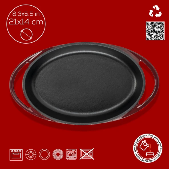 Lava Döküm Oval Sahan Döküm Demir Yekpare Çift Kulplu Ölçü 21x14cm.-Bordo - Resim 4