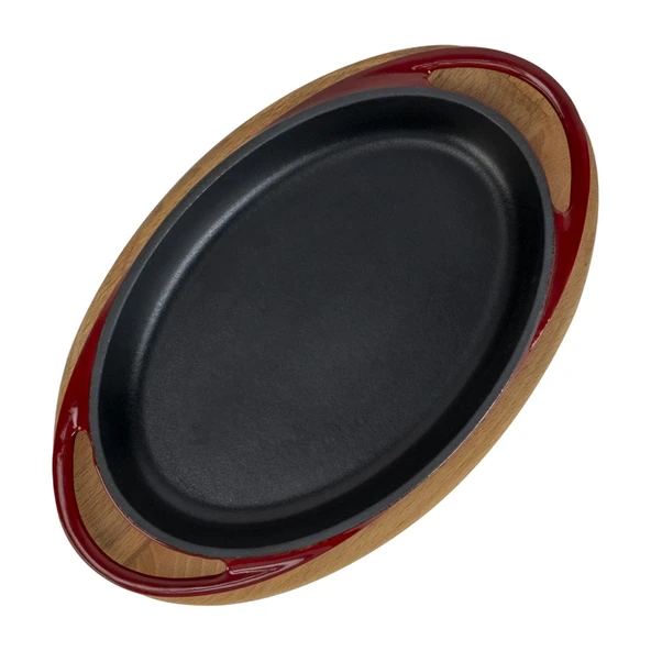 Lava Döküm Oval Sahan Döküm Demir Yekpare Çift Kulplu Kayın Servis Ahşabı Ölçü 21x14cm.-Bordo - Resim 3