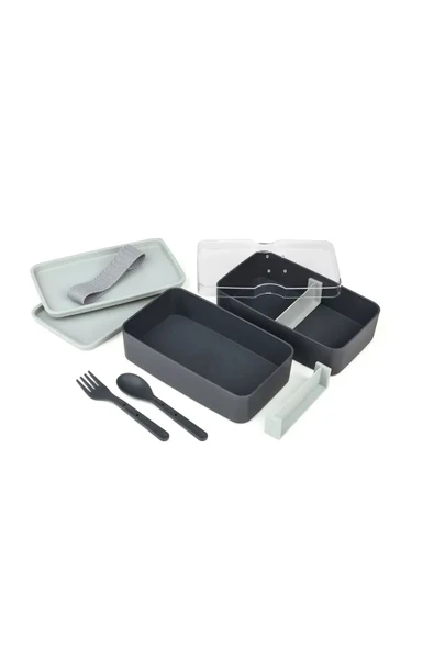 Jumbo Dikdörtgen İki Katlı Lunch Box Beslenme Saklama Kutusu - Gri - Resim 3