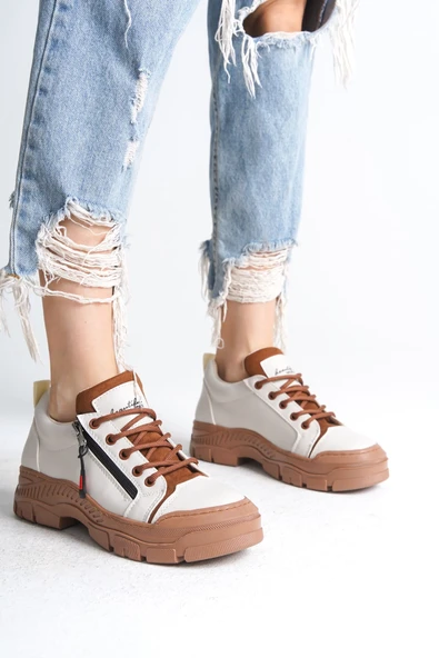 AGATHA Bağcıklı Fermuarlı Ortopedik Taban Kadın Sneaker Spor Ayakkabı  CTT - Krem - 1