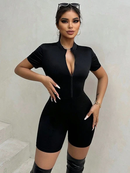 Kadın Kısa Kollu önü Fermuarlı Bodycon Dalgıç Tulum - Resim 8