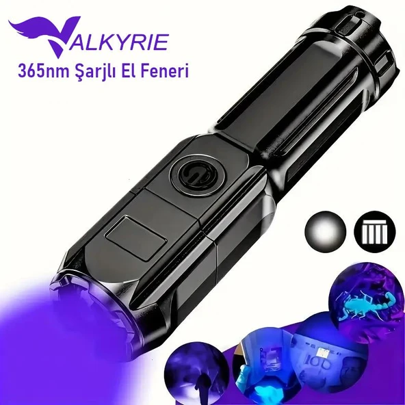 Valkyrie 395nm UV Mor Işık Şarjlı El Feneri  1200mAh Batarya Type-C Şarj Hafif ve Güçlü Tasarım