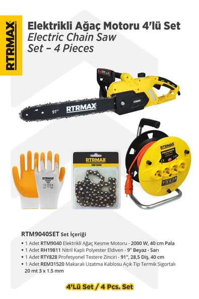 RTM9040SET Elektrikli Ağaç Kesme Motoru 4'lü Set -Eldiven-Testere Zinciri-Makaralı Uzatma Kablosu - 1