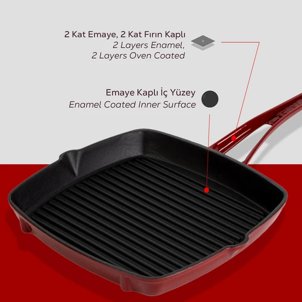 Lava Döküm Kare Izgara Tava Döküm Demir Yekpare Saplı. Ölçü 26x26cm.-Bordo - 6