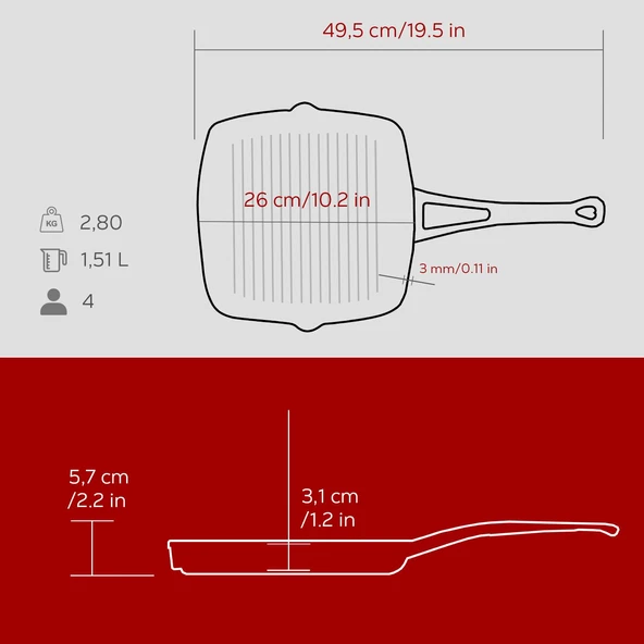 Lava Döküm Kare Izgara Tava Döküm Demir Yekpare Saplı. Ölçü 26x26cm.-Bordo - 5