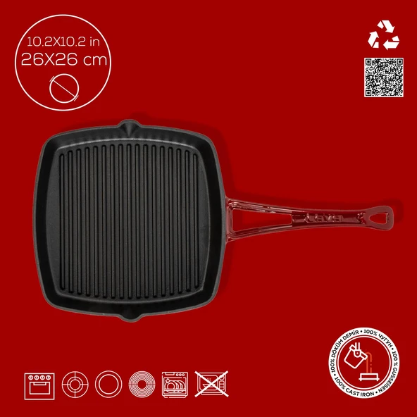 Lava Döküm Kare Izgara Tava Döküm Demir Yekpare Saplı. Ölçü 26x26cm.-Bordo - 4