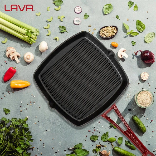 Lava Döküm Kare Izgara Tava Döküm Demir Yekpare Saplı. Ölçü 26x26cm.-Bordo - 7