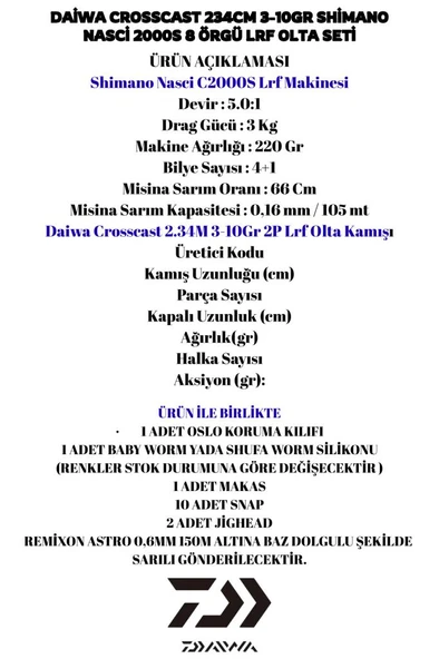Daiwa Crosscast 234cm 3-10gr Shimano Nasci 2000S 8 Örgü LRF Olta Seti - Resim 2