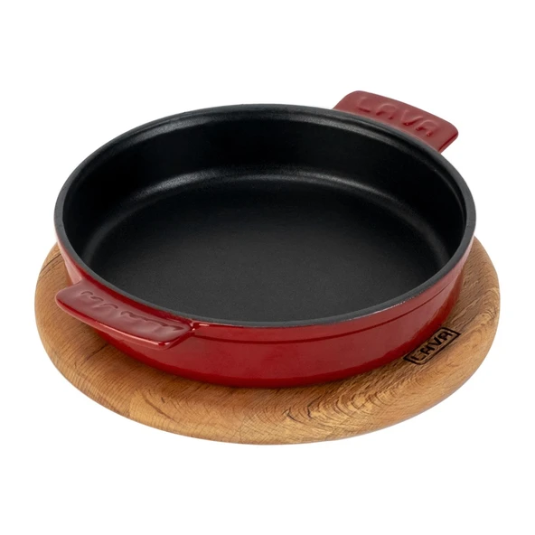 Lava Döküm Yuvarlak Güveç Kabı Döküm Demir Yekpare Çift Kulplu Kayın Servis Ahşabı Çap(Ø)17cm.-Bordo - 3