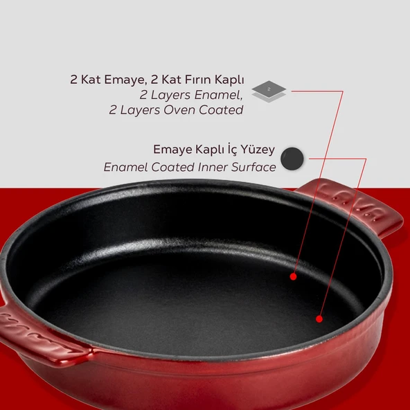 Lava Döküm Yuvarlak Güveç Kabı Döküm Demir Yekpare Çift Kulplu Çap(Ø)17cm.-Bordo - 6