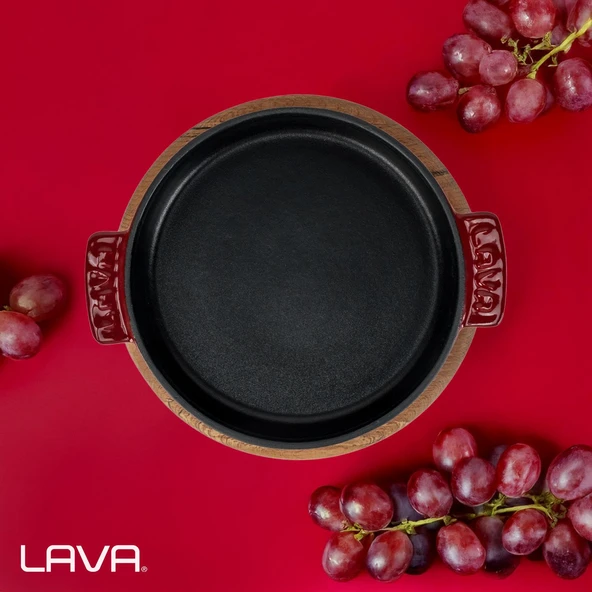 Lava Döküm Yuvarlak Güveç Kabı Döküm Demir Yekpare Çift Kulplu Kayın Servis Ahşabı Çap(Ø)17cm.-Bordo - 7