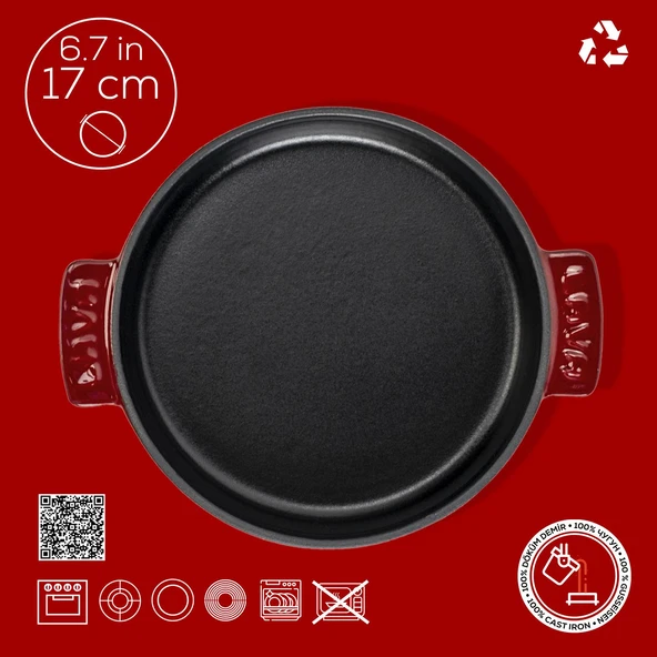 Lava Döküm Yuvarlak Güveç Kabı Döküm Demir Yekpare Çift Kulplu Çap(Ø)17cm.-Bordo - 4
