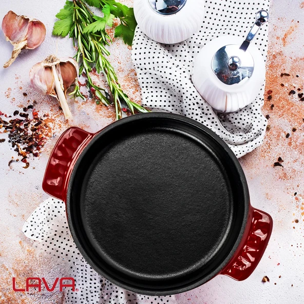 Lava Döküm Yuvarlak Güveç Kabı Döküm Demir Yekpare Çift Kulplu Çap(Ø)14cm.-Bordo - 7