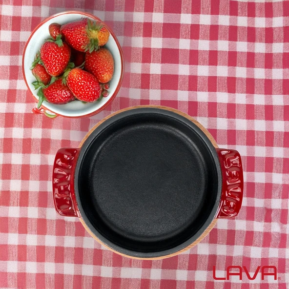 Lava Döküm Yuvarlak Güveç Kabı Döküm Demir Yekpare Çift Kulplu Kayın Servis Ahşabı Çap(Ø)11cm.-Bordo - Resim 7