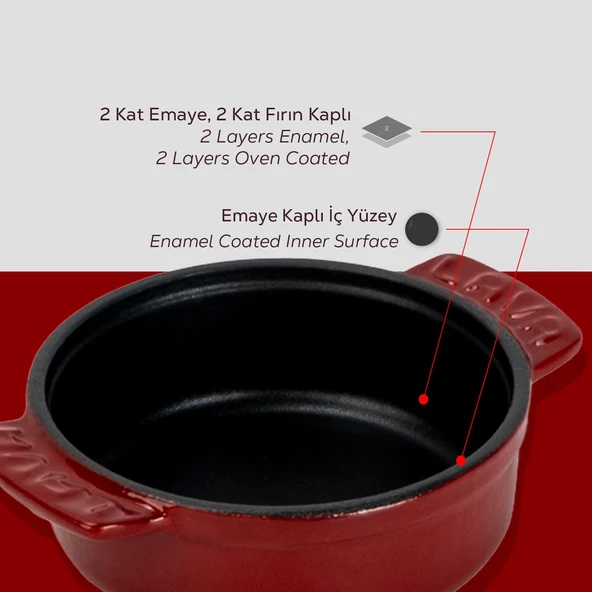 Lava Döküm Yuvarlak Güveç Kabı Döküm Demir Yekpare Çift Kulplu Çap(Ø)11cm.-Bordo - Resim 6
