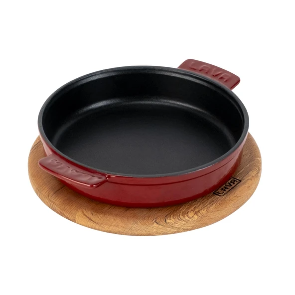 Lava Döküm Yuvarlak Güveç Kabı Döküm Demir Yekpare Çift Kulplu Kayın Servis Ahşabı Çap(Ø)14cm.-Bordo - 2