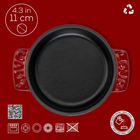 Lava Döküm Yuvarlak Güveç Kabı Döküm Demir Yekpare Çift Kulplu Çap(Ø)11cm.-Bordo - Resim 4