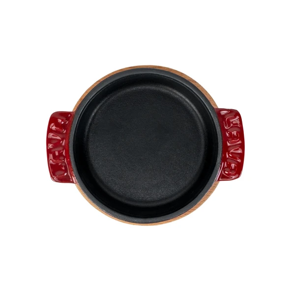 Lava Döküm Yuvarlak Güveç Kabı Döküm Demir Yekpare Çift Kulplu Kayın Servis Ahşabı Çap(Ø)11cm.-Bordo - Resim 3