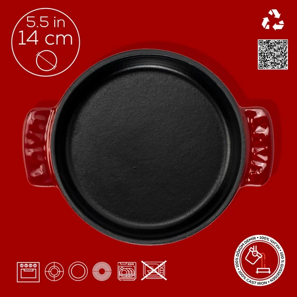 Lava Döküm Yuvarlak Güveç Kabı Döküm Demir Yekpare Çift Kulplu Çap(Ø)14cm.-Bordo - 4