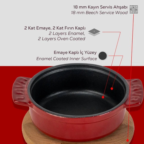 Lava Döküm Yuvarlak Güveç Kabı Döküm Demir Yekpare Çift Kulplu Kayın Servis Ahşabı Çap(Ø)11cm.-Bordo - Resim 6