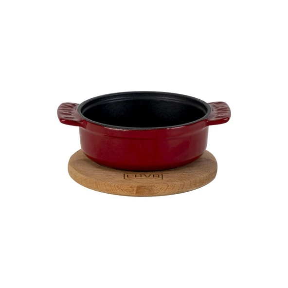 Lava Döküm Yuvarlak Güveç Kabı Döküm Demir Yekpare Çift Kulplu Kayın Servis Ahşabı Çap(Ø)11cm.-Bordo ürün görseli