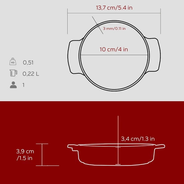 Lava Döküm Yuvarlak Güveç Kabı Döküm Demir Yekpare Çift Kulplu Çap(Ø)11cm.-Bordo - Resim 5