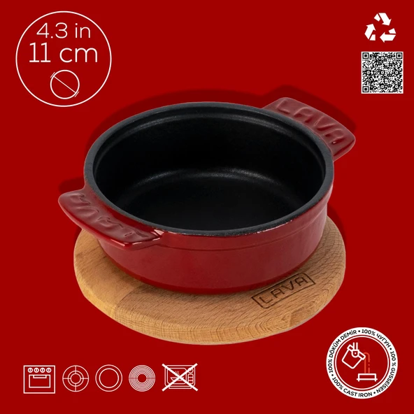 Lava Döküm Yuvarlak Güveç Kabı Döküm Demir Yekpare Çift Kulplu Kayın Servis Ahşabı Çap(Ø)11cm.-Bordo - Resim 4