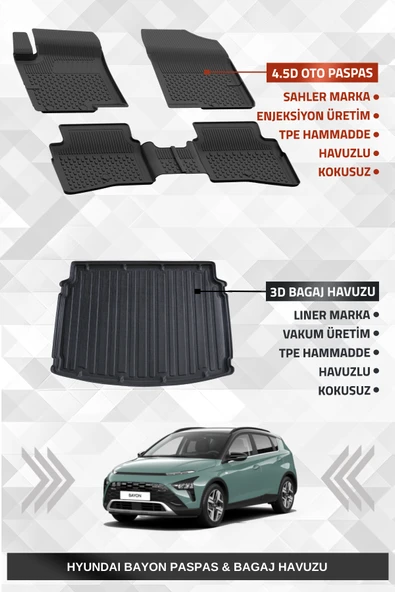 Sahler Hyundai Bayon 2021+ Uyumlu 4.5D Premium Havuzlu Paspas ve Liner Marka 3D Bagaj Havuzu ürün görseli
