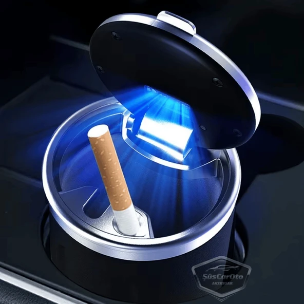 Üniversal Porselen Yanmaz Koku Geçirmez Altın Seramik Mavi Işıklı Lüx Oto Küllük Dumansız Kapaklı Spor Araç İçi Küllük Araba Küllüğü Gold - 5