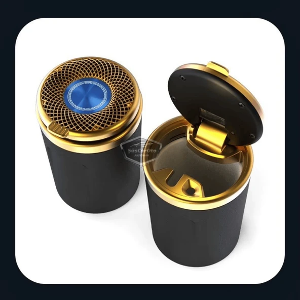 Üniversal Porselen Yanmaz Koku Geçirmez Altın Seramik Mavi Işıklı Lüx Oto Küllük Dumansız Kapaklı Spor Araç İçi Küllük Araba Küllüğü Gold - 3