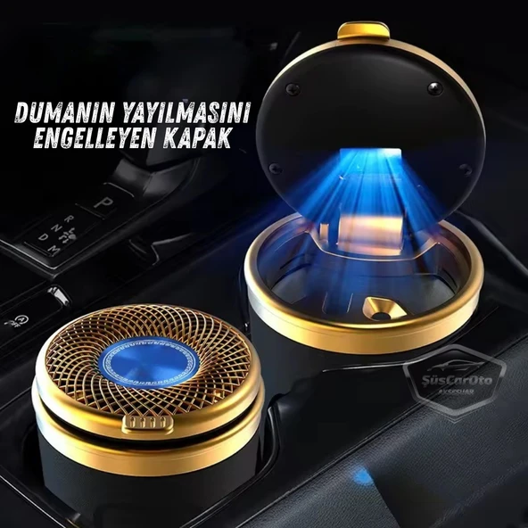 Üniversal Porselen Yanmaz Koku Geçirmez Altın Seramik Mavi Işıklı Lüx Oto Küllük Dumansız Kapaklı Spor Araç İçi Küllük Araba Küllüğü Gold - 1