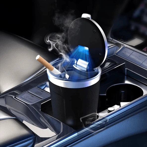 Üniversal Porselen Yanmaz Koku Geçirmez Altın Seramik Mavi Işıklı Lüx Oto Küllük Dumansız Kapaklı Spor Araç İçi Küllük Araba Küllüğü Gold - 6