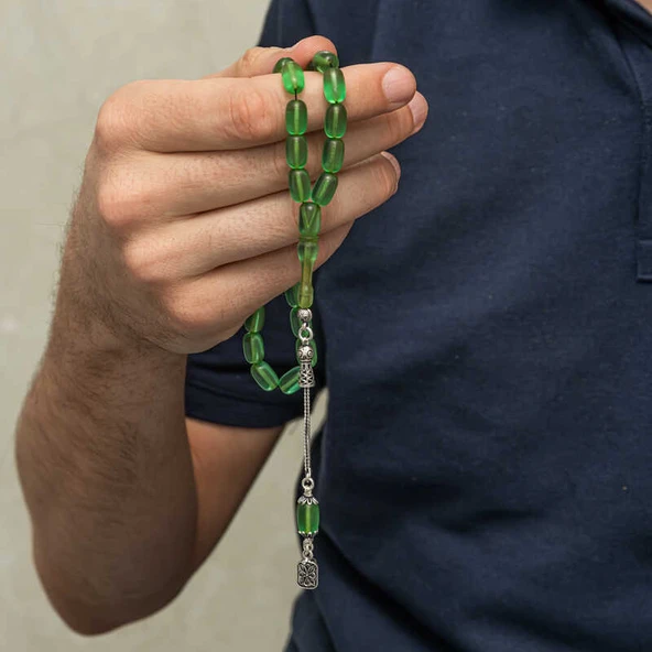 Gümüş Püsküllü Kapsül Kesim Sıkma Kehribar Tesbih - 3