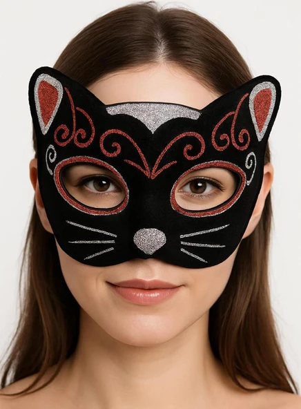 Nessiworld Kadife Dokulu Sim Detaylı Işıltılı Kedi Maskesi Kırmızı Gümüş 20x13 cm ürün görseli 1