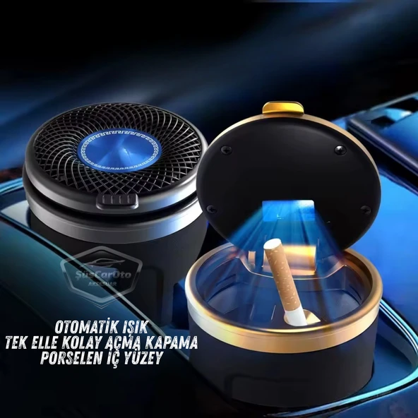 Üniversal Porselen Yanmaz Koku Geçirmez Altın Seramik Mavi Işıklı Lüx Oto Küllük Dumansız Kapaklı Spor Araç İçi Küllük Araba Küllüğü Gold - 2