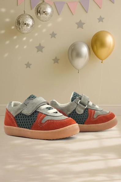 Rakerplus Bob Hakiki Deri Gri Yeşil Barefoot Cırtlı Lastikli Bebek Sneaker Ayakkabı ürün görseli