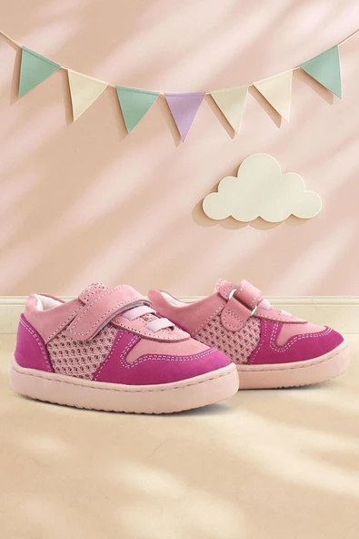 Rakerplus Bob Hakiki Deri Pembe Barefoot Cırtlı Lastikli Bebek Sneaker Ayakkabı
