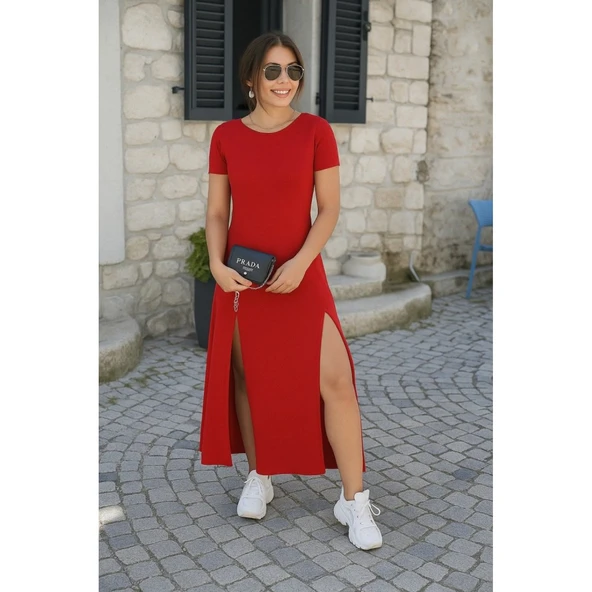 Lucky Life Kadın Kısa Kollu Sırt Dekolteli Yırtmaç Detaylı Viskon Elbise - 2