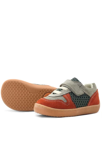 Rakerplus Bob Hakiki Deri Gri Yeşil Barefoot Cırtlı Lastikli Bebek Sneaker Ayakkabı - Resim 7