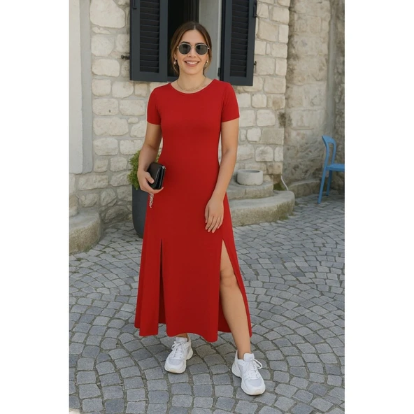 Lucky Life Kadın Kısa Kollu Sırt Dekolteli Yırtmaç Detaylı Viskon Elbise - 5